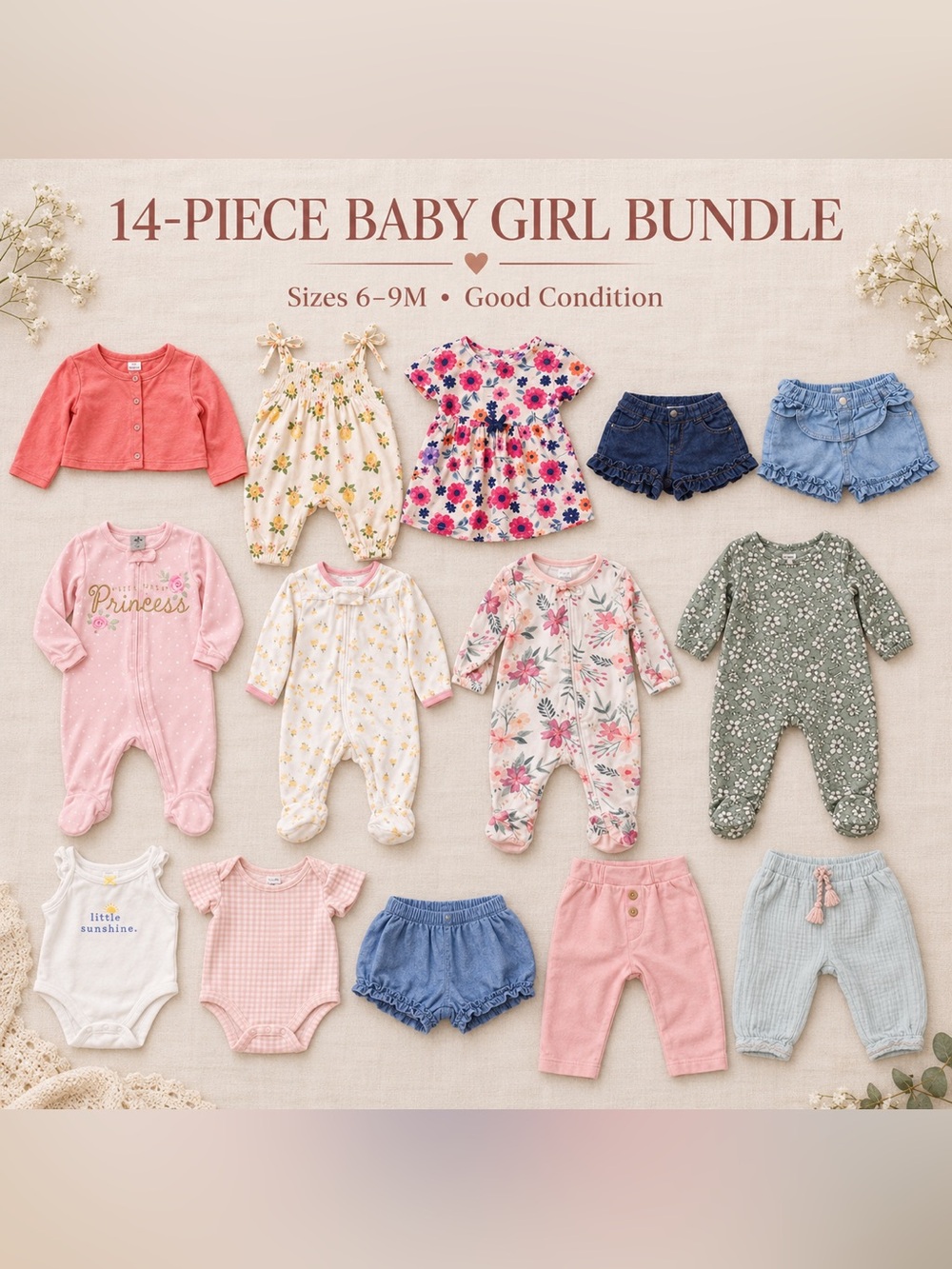 Baby Girl 6–9M 14-Piece Clothing Bundle Carter’s Cloud Island & More
